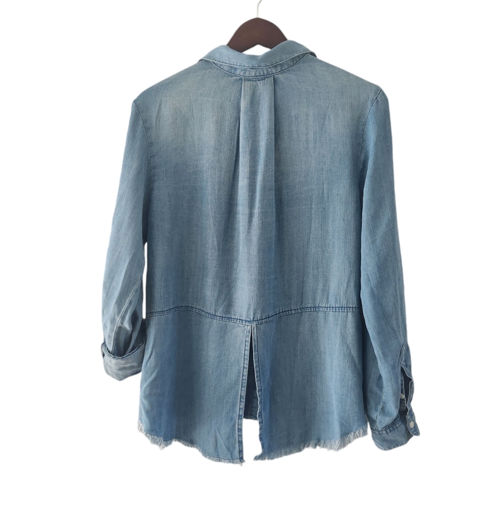 Harper Chambray Button Front Split Back Roll Tab … - image 5
